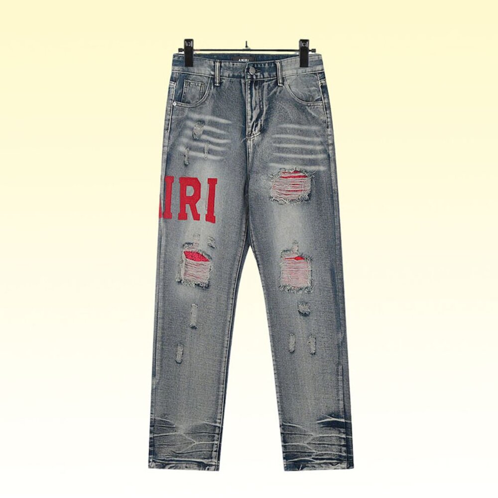 Amiri Red Letter Print Ripped Raw Edge Red Bottom Jeans
